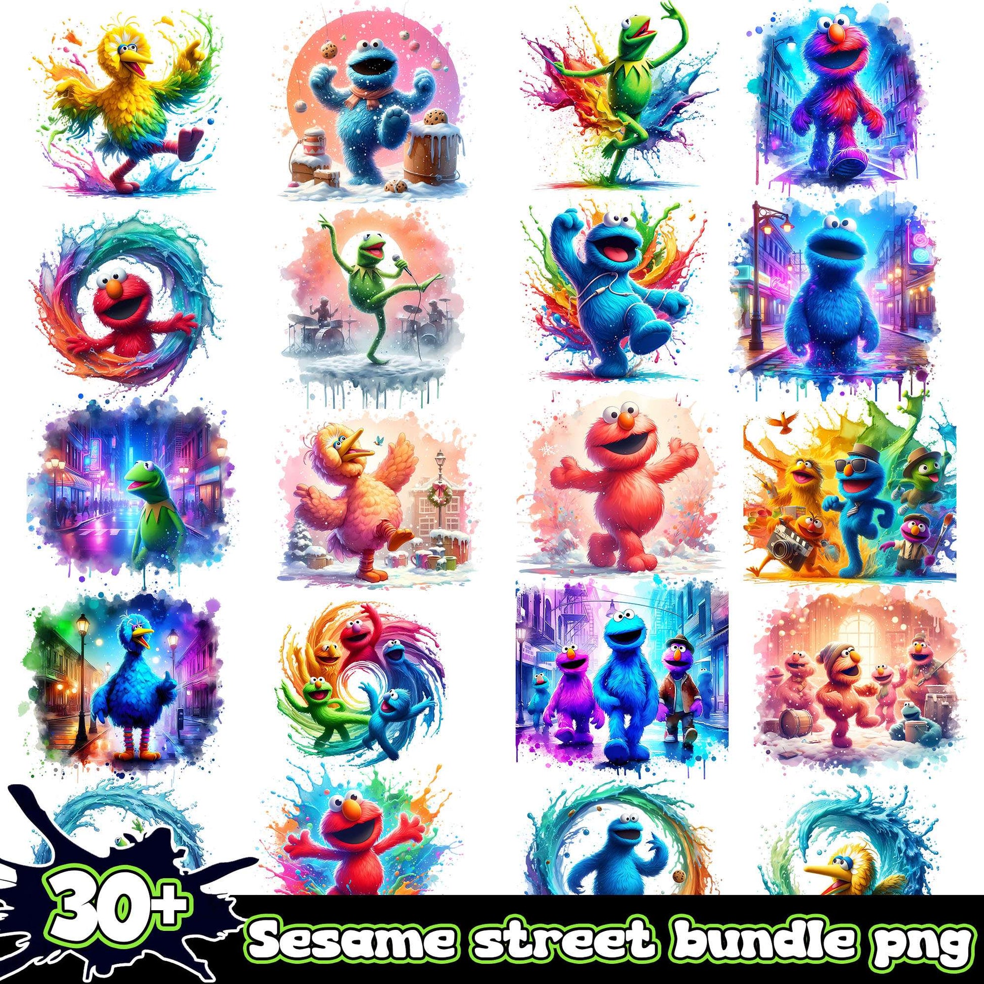 Sesame street characters watercolor bundle png, sesame street cartoon​ png