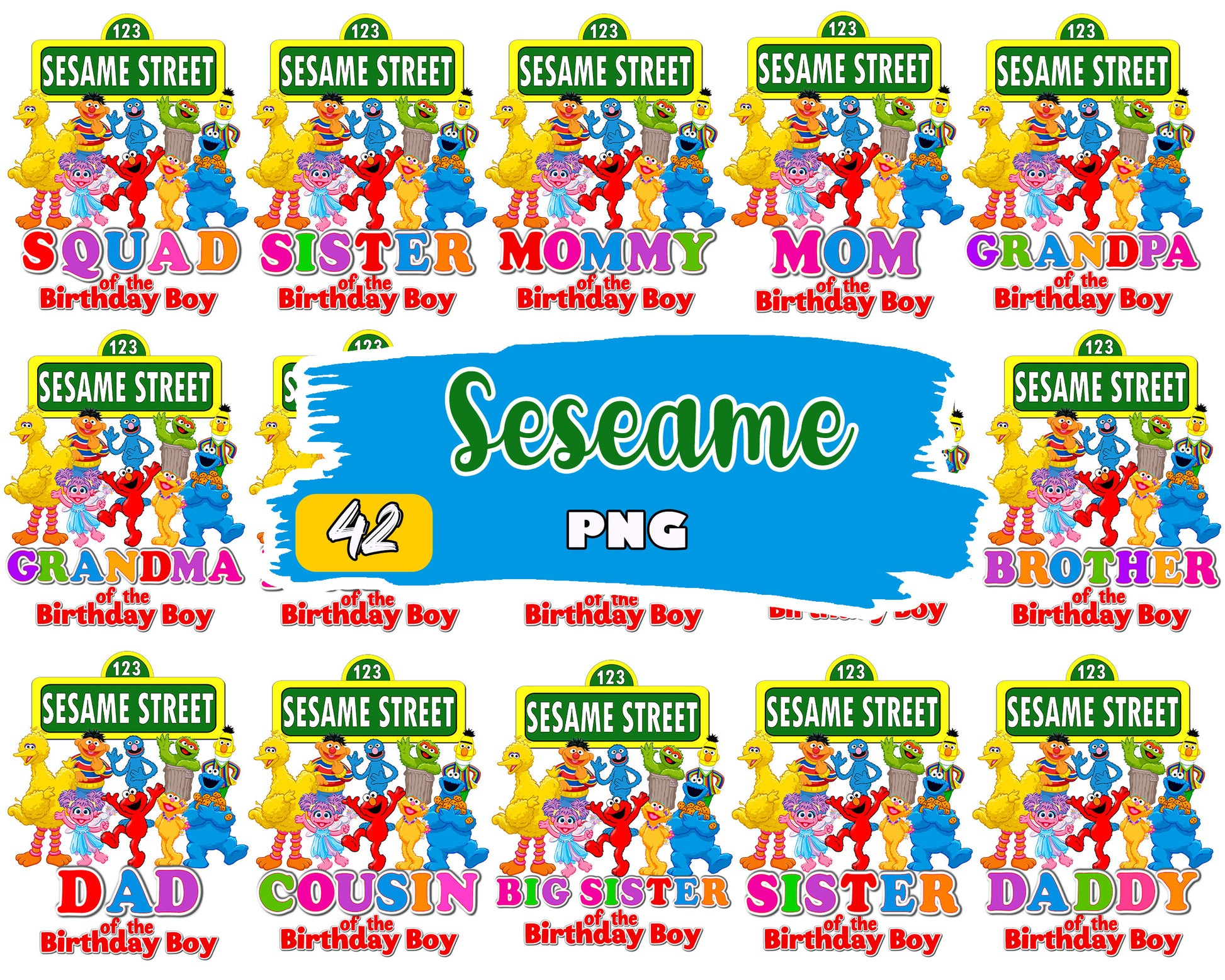 Sesame street family of the birthday boy bundle png, sesame street birthday​ png