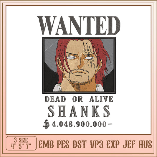 Shanks Wanted Embroidery Design - 3 Sizes