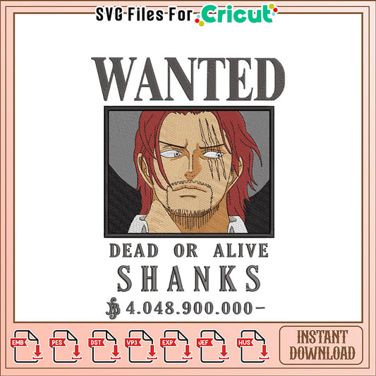 Shanks Wanted Embroidery Design Instant Download
