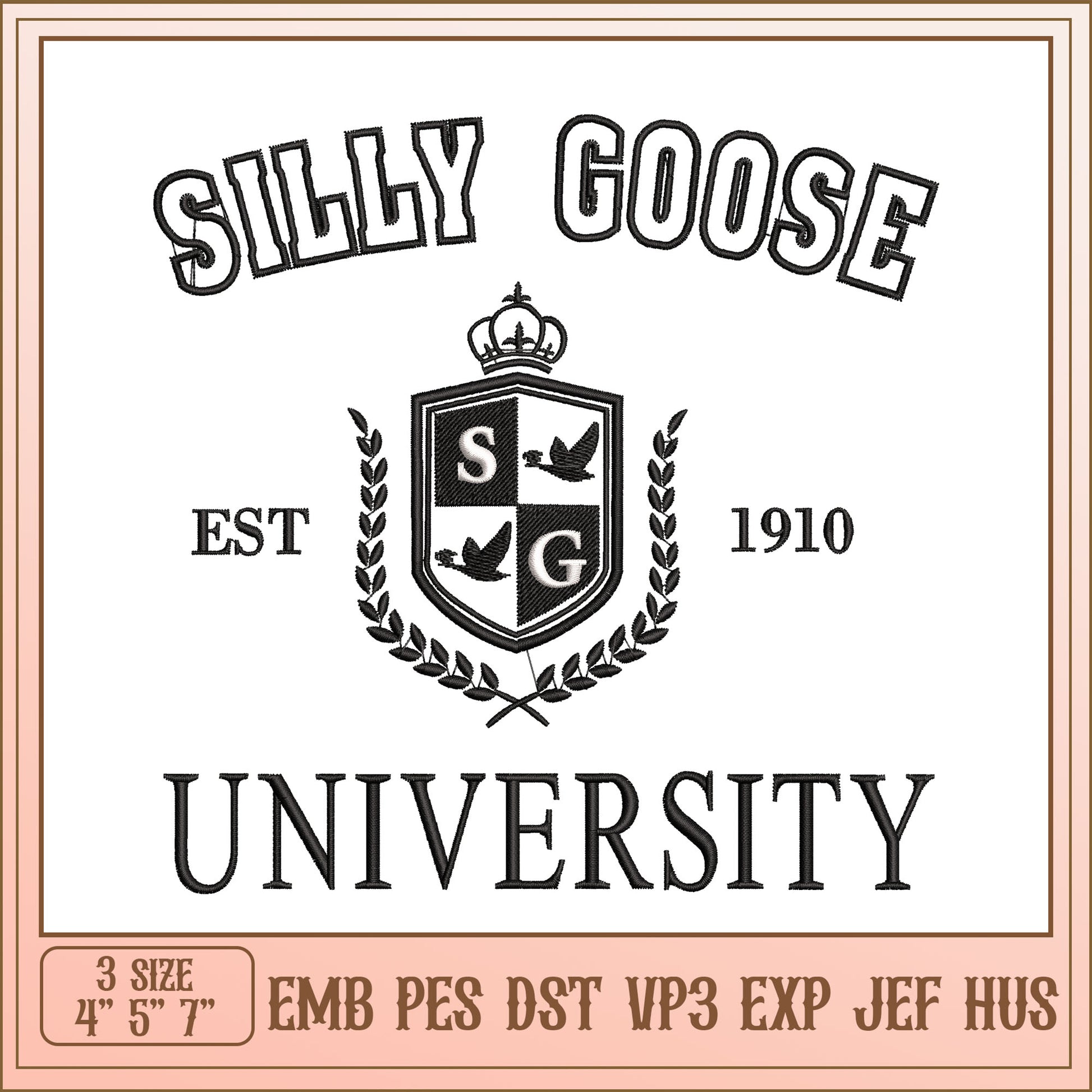 Silly Goose University Embroidery Design in Three Size Options