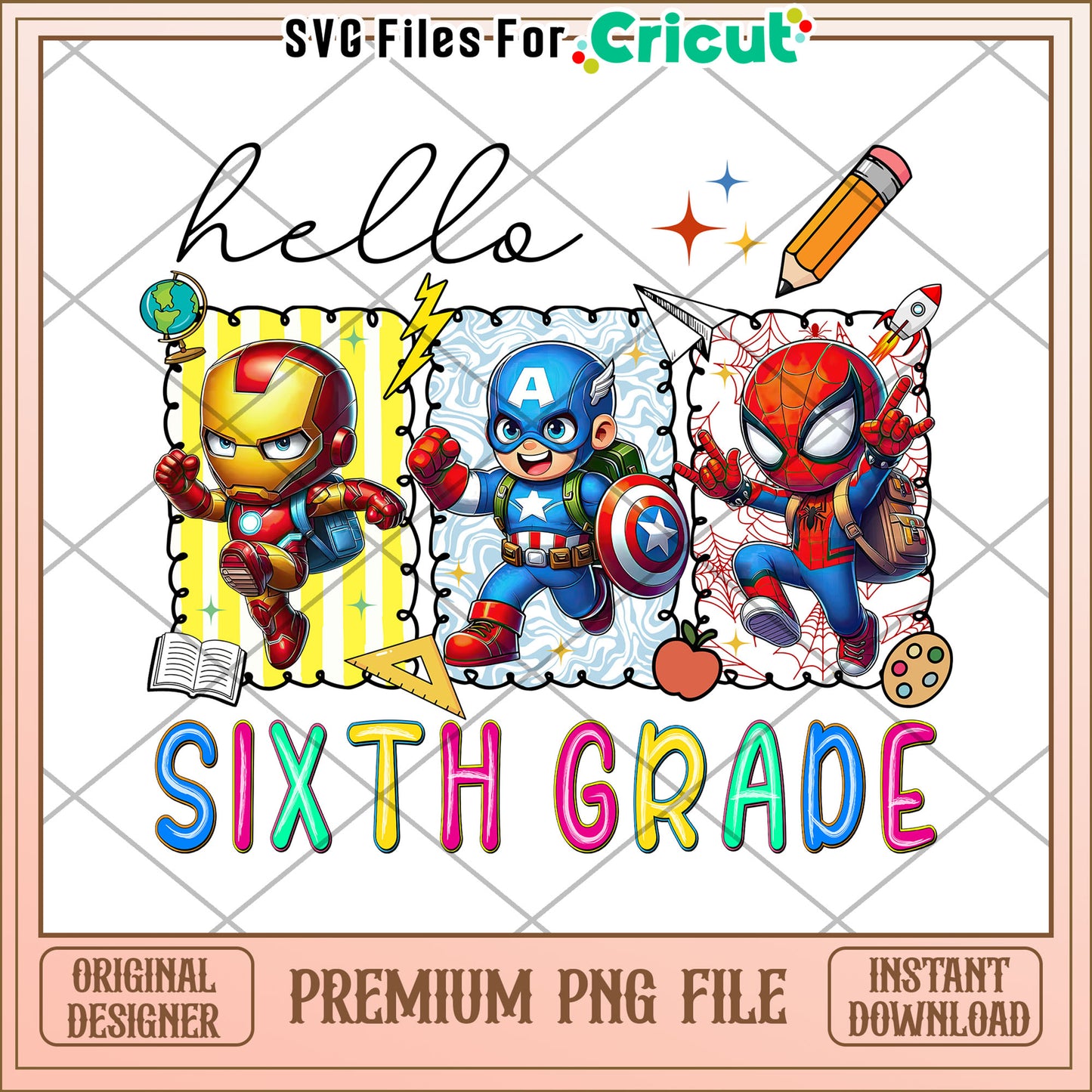 Sixth grade hello png, back to school png, avengers school png