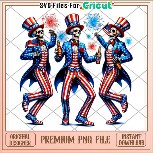 Skeleton 4th of july png, patriotic skeleton png, red white and blue png