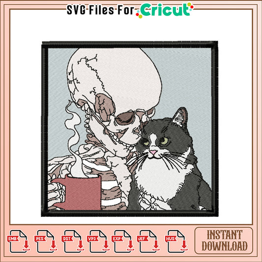 Skeleton & Cat Embroidery Design Instant Download