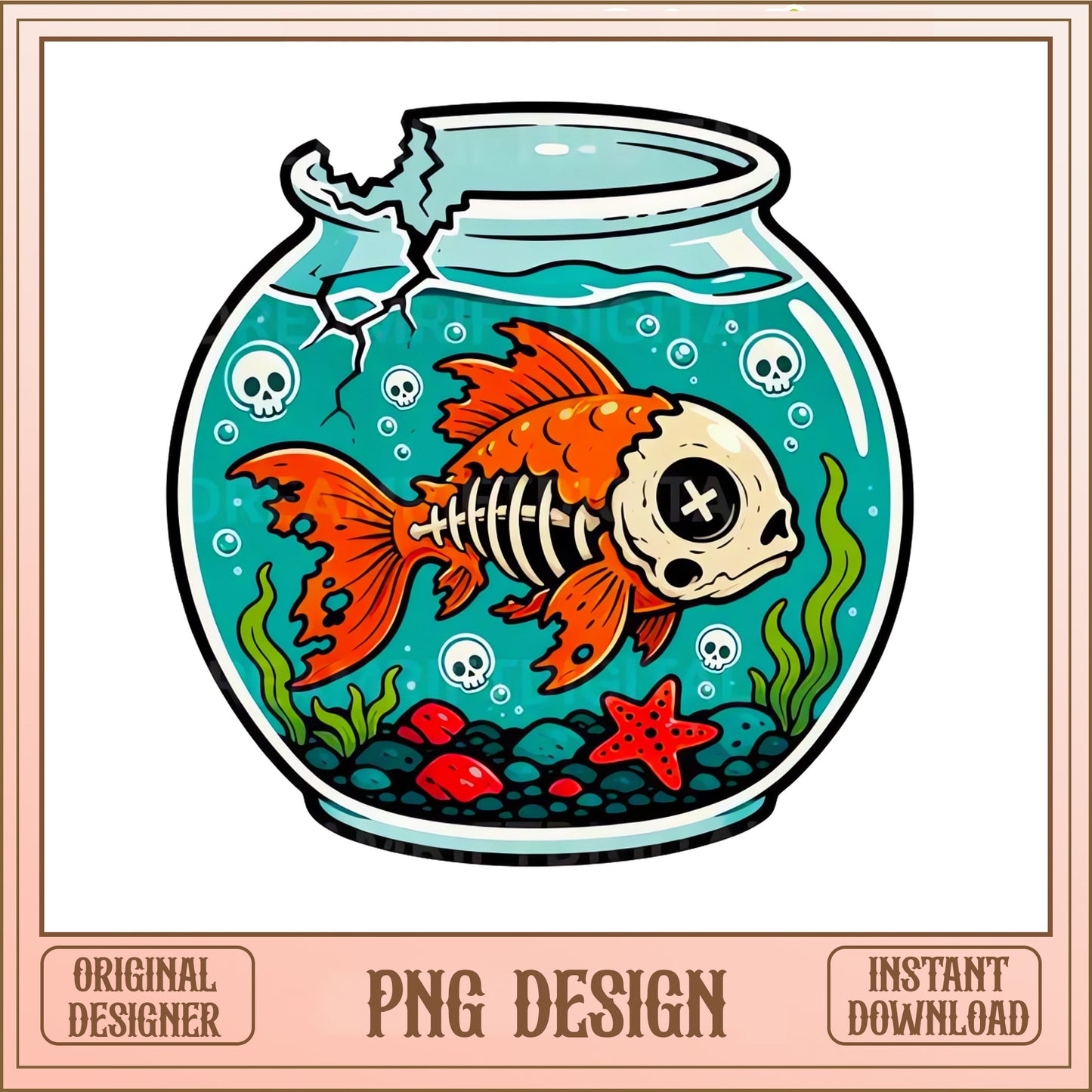 Skeleton Goldfish Fishbowl PNG, Spooky Fish Bowl, Halloween PNG