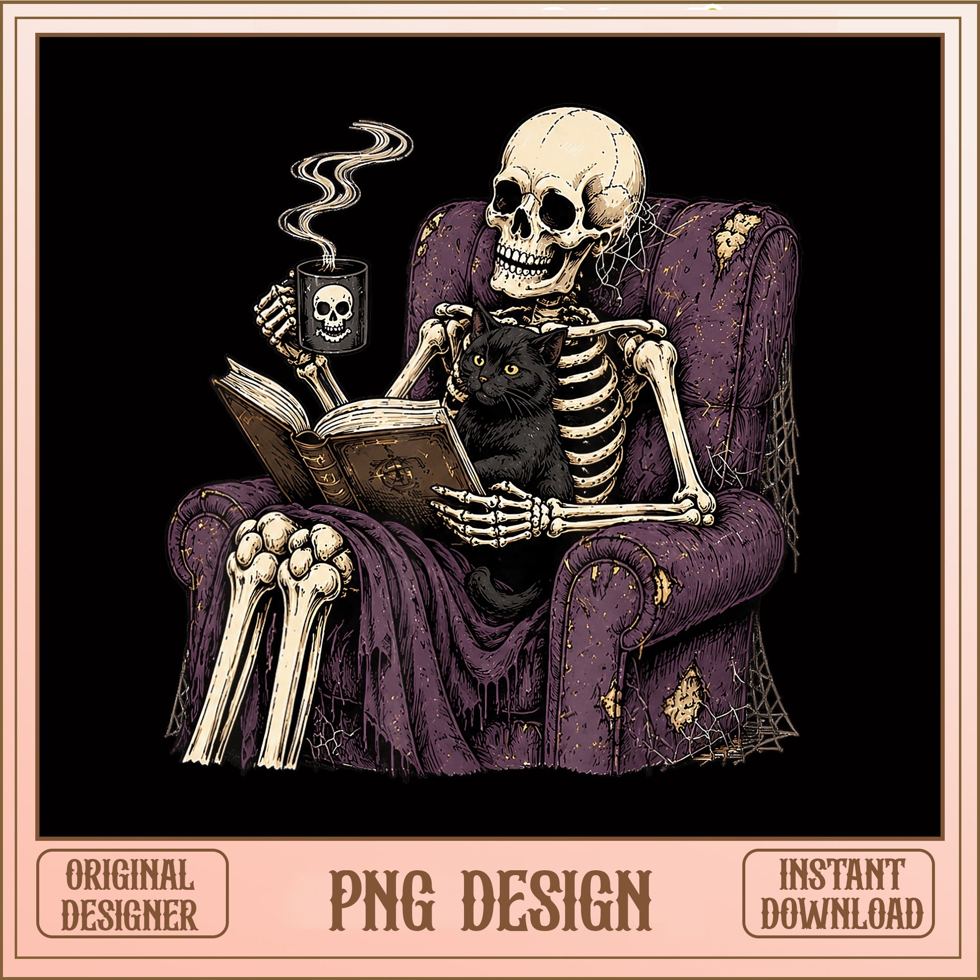 Skeleton Reading Book With Black Cat PNG, Halloween PNG, Spooky Coffee PNG