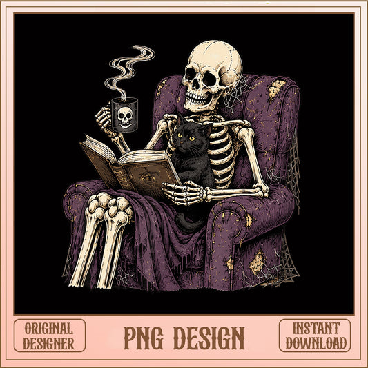 Skeleton Reading Book With Black Cat PNG, Halloween PNG, Spooky Coffee PNG