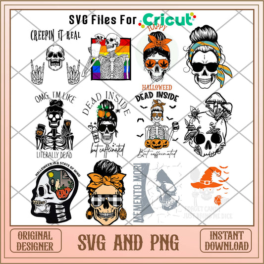 Skeleton messy bun halloween svg bundle, Halloween svg - Svgfileforcricut