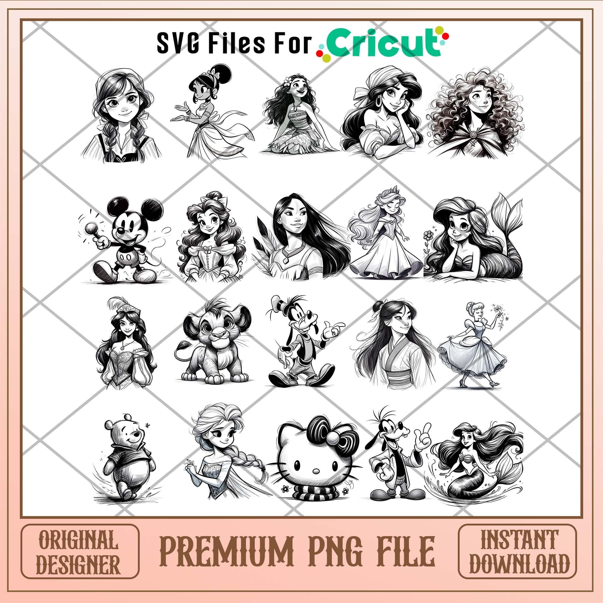 Disney Character Bitmap Disney Characters png bundle, Disney Sketch art bundle – svg files for ...