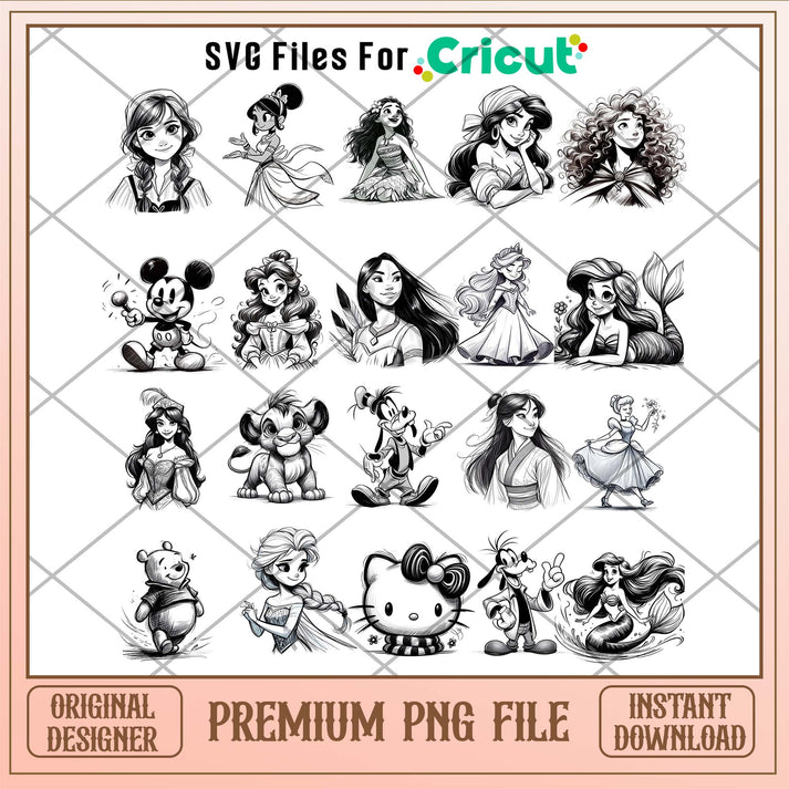 Disney Characters png bundle, Disney Sketch art bundle – svg files for ...