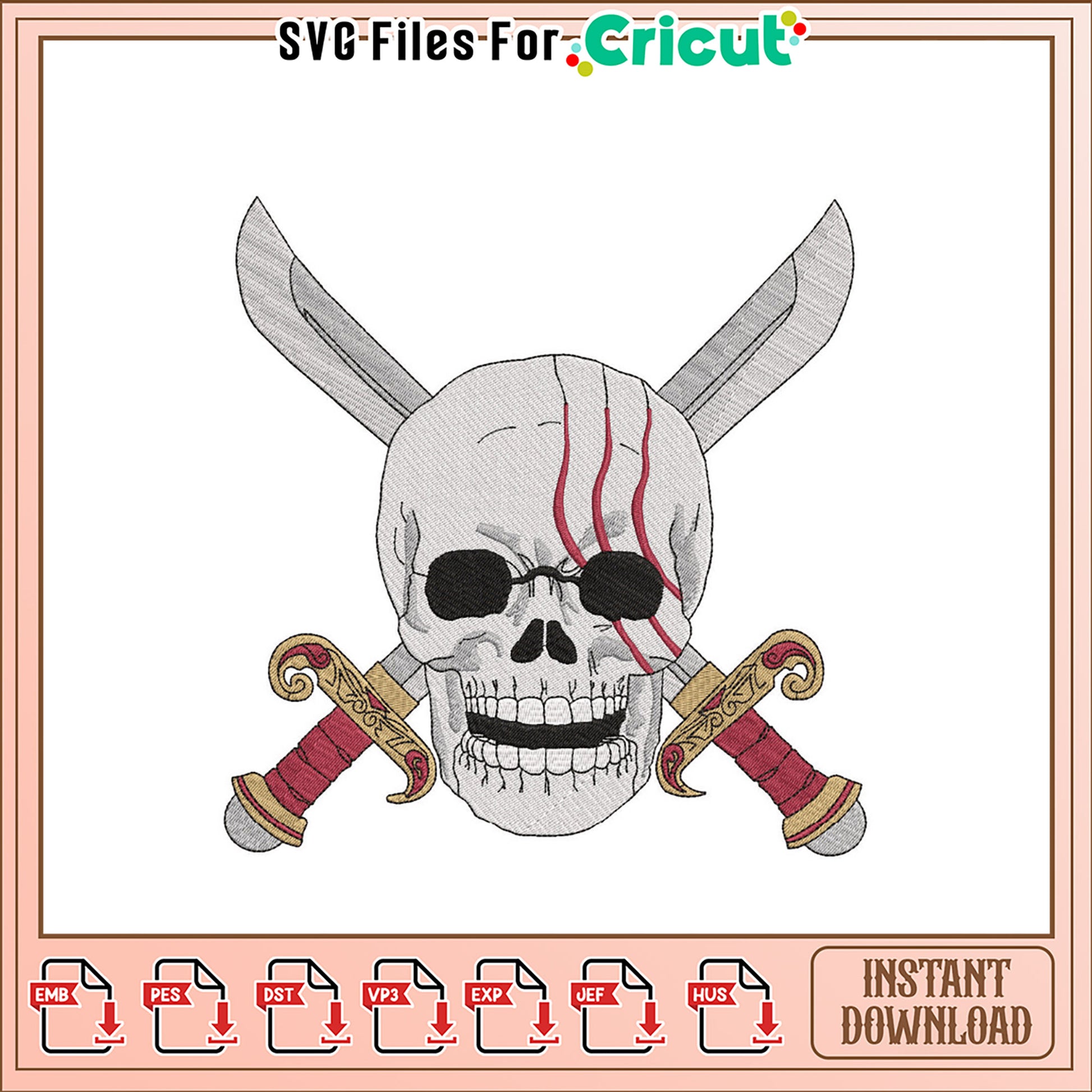Skull and Swords Embroidery Design Instant Download