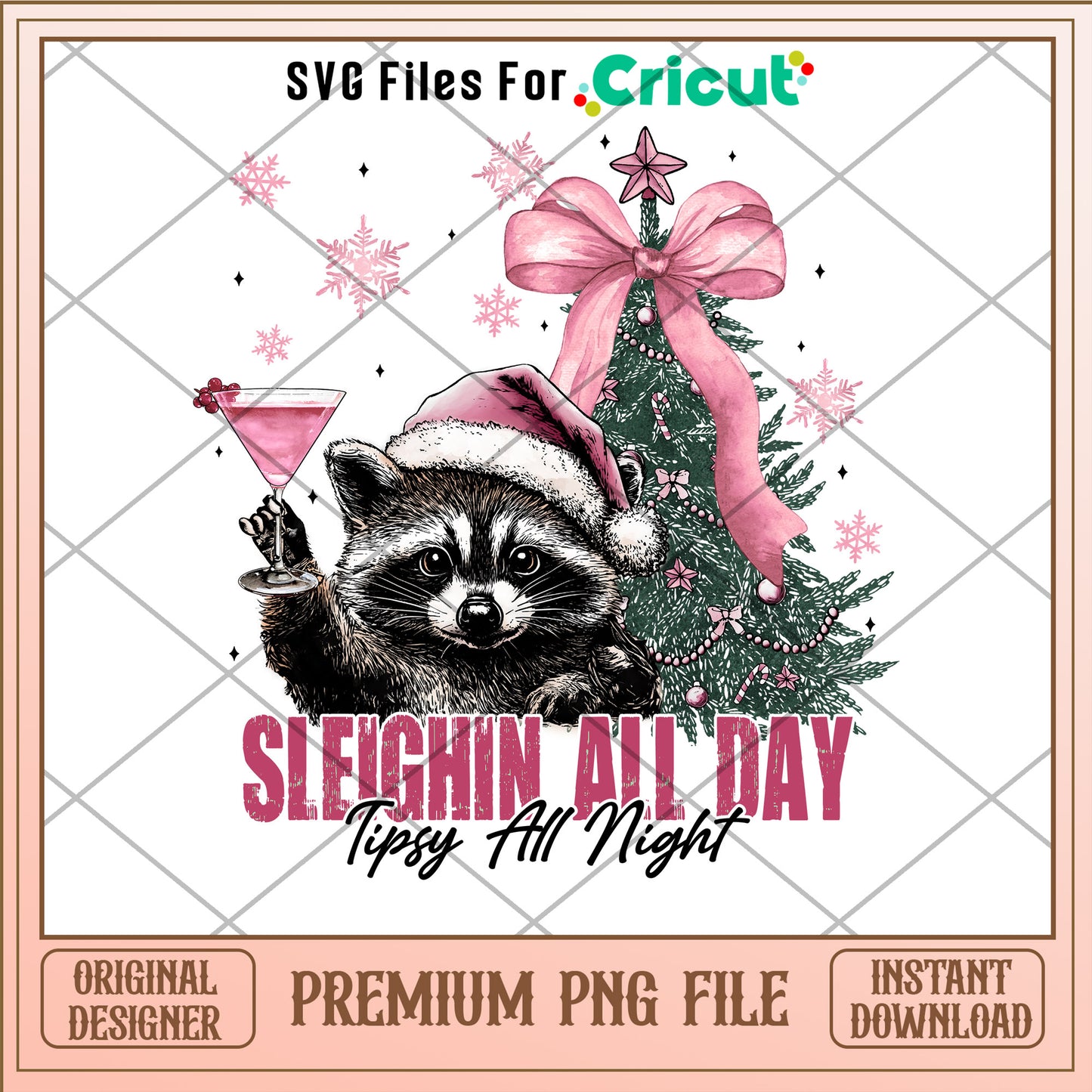 Sleighin all day tipsy all night png, raccoon png, christmas png