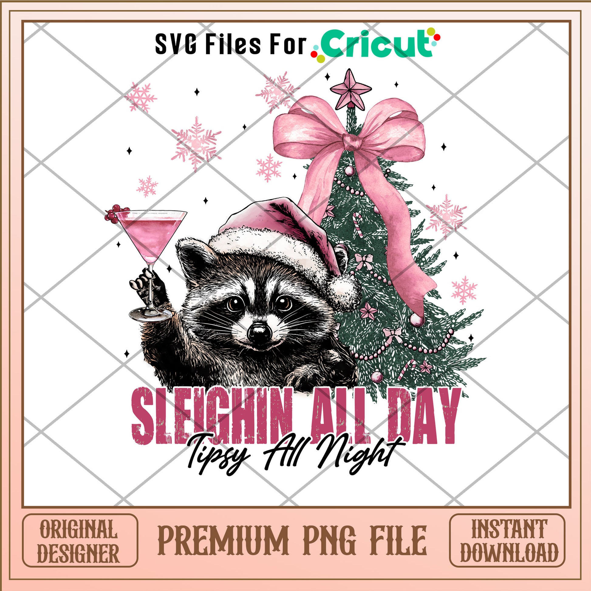 Sleighin all day tipsy all night png, raccoon png, christmas png