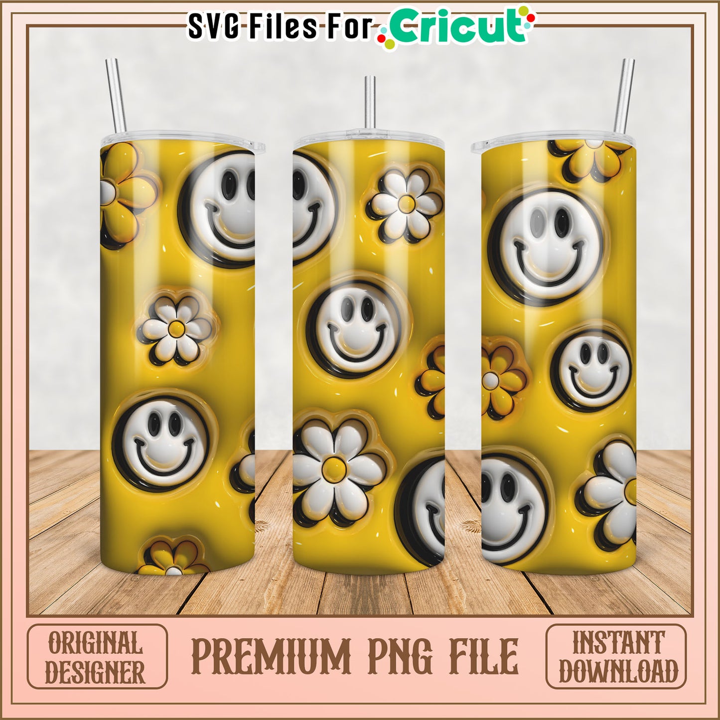 Smiley Face Yellow Tumbler PNG Design for Cricut Users Online Download