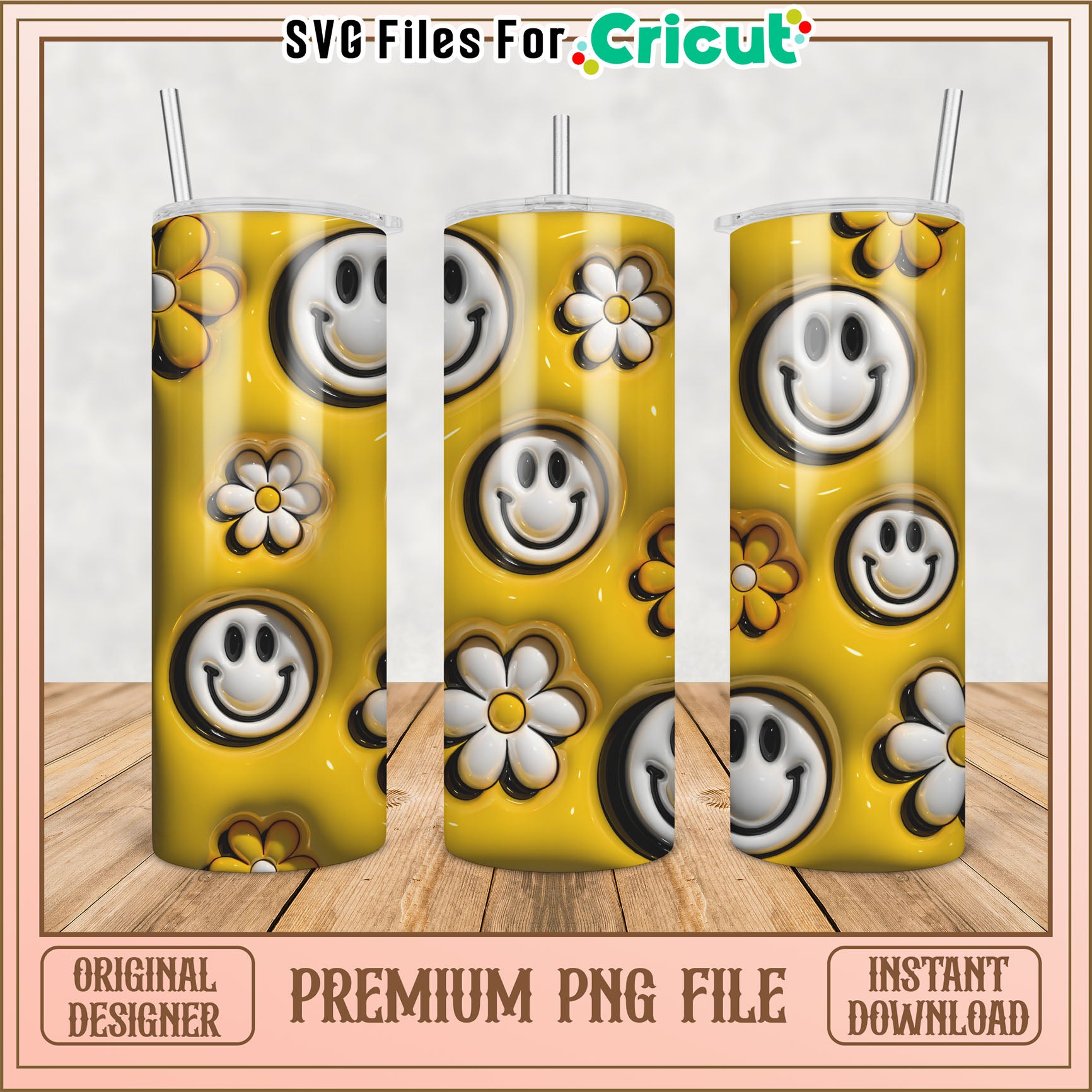Smiley Face Yellow Tumbler PNG Design for Cricut Users Online Download