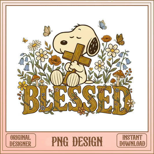 Snoopy Blessed Wildflower Cross PNG, Peanuts Floral PNG, Easter PNG