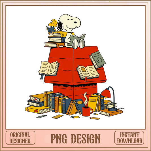 Snoopy Reading Books PNG, Peanuts Book Lover PNG, Woodstock PNG