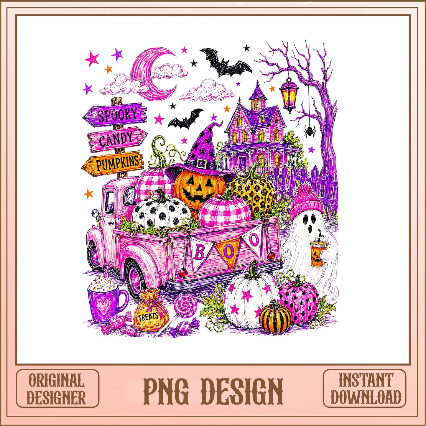 Spooky Boo Ghost Pink Truck PNG, Halloween Pumpkin PNG, Fall PNG