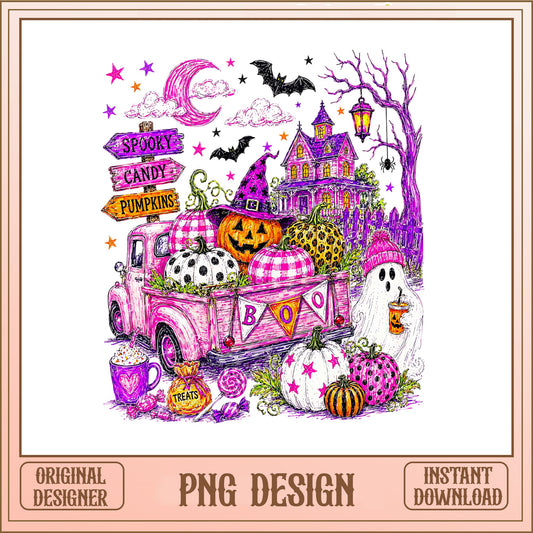 Spooky Boo Ghost Pink Truck PNG, Halloween Pumpkin PNG, Fall PNG