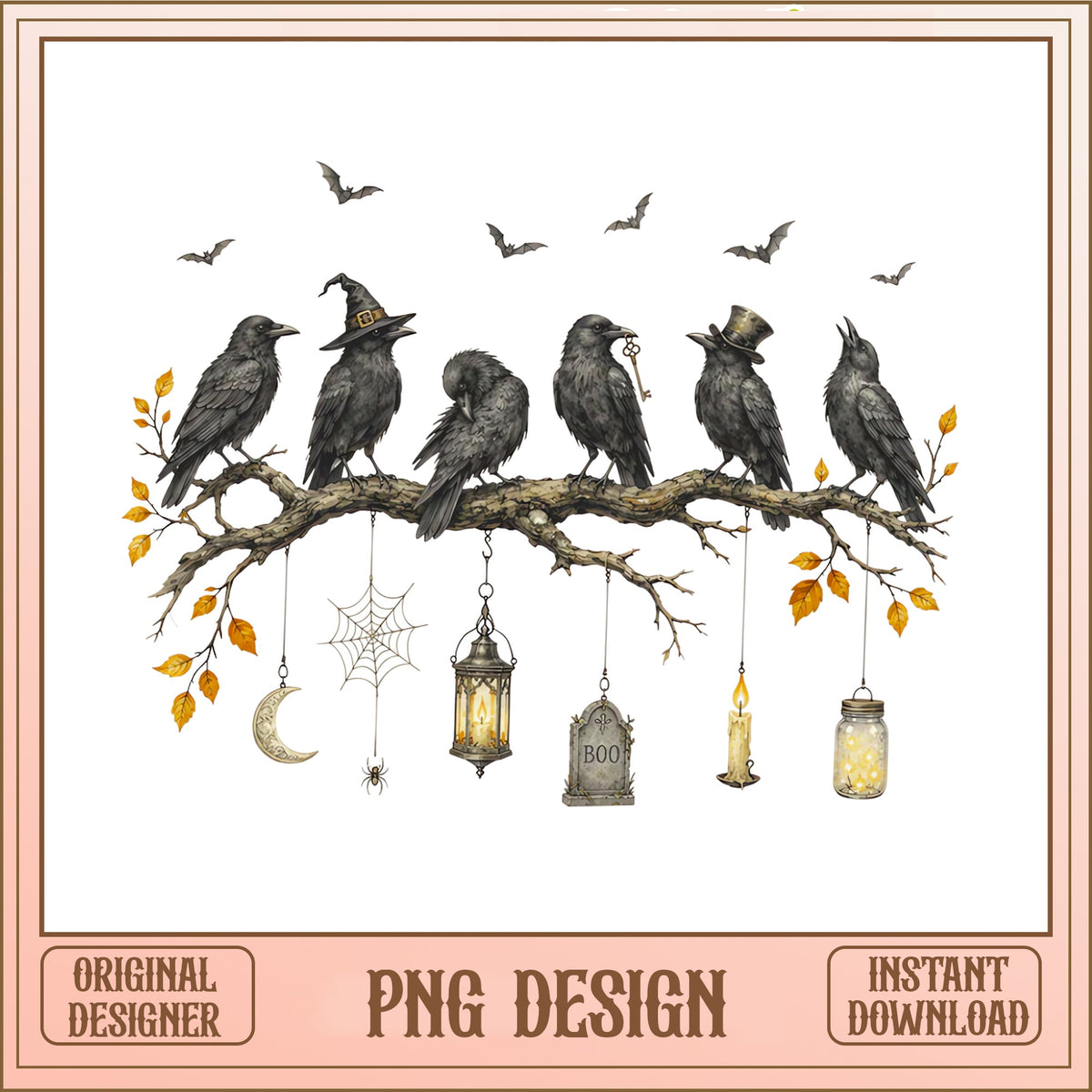 Spooky Crows On Branch PNG, Halloween Ravens, Witch Crow PNG