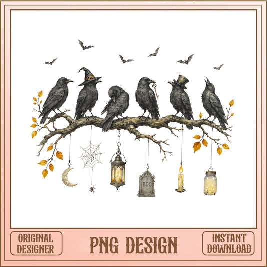 Spooky Crows On Branch PNG, Halloween Ravens, Witch Crow PNG