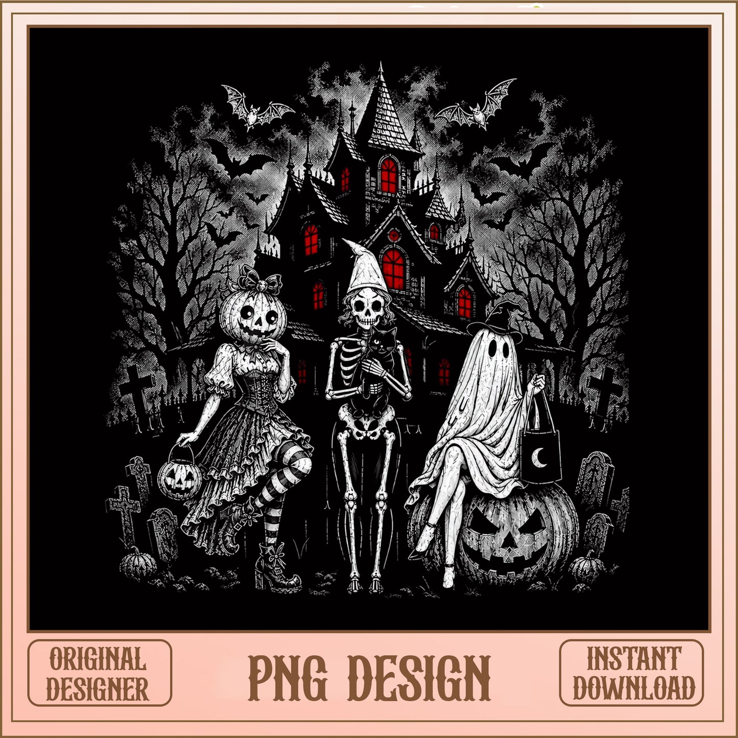 Spooky Halloween Girls PNG, Skeleton Ghost Pumpkin, Halloween PNG