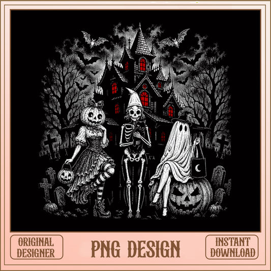 Spooky Halloween Girls PNG, Skeleton Ghost Pumpkin, Halloween PNG