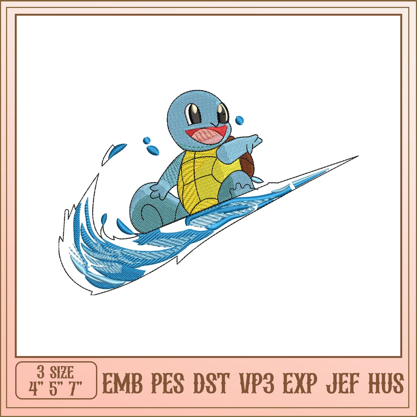 Squirtle Surfing Embroidery Design