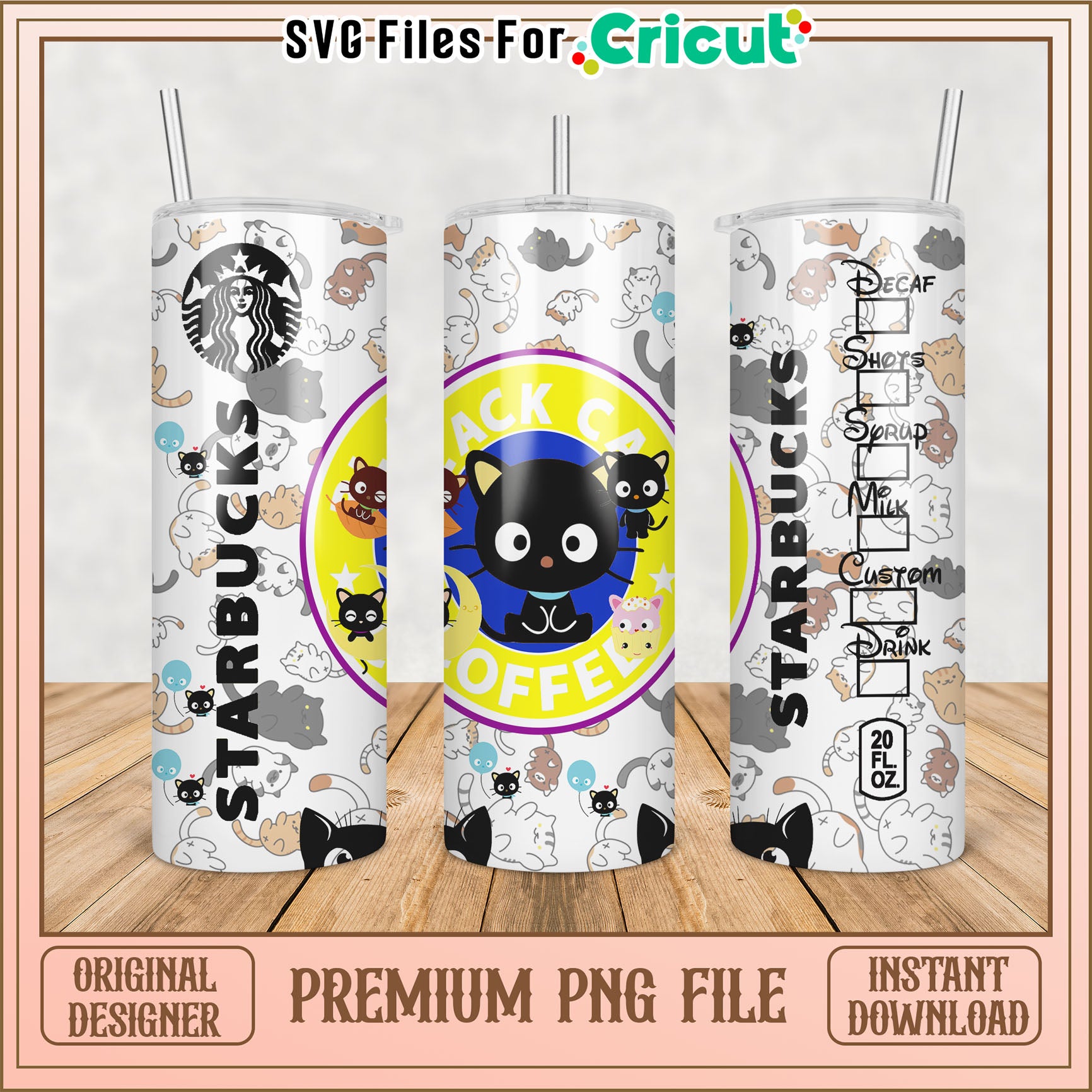 Starbucks Cat Tumbler PNG Design