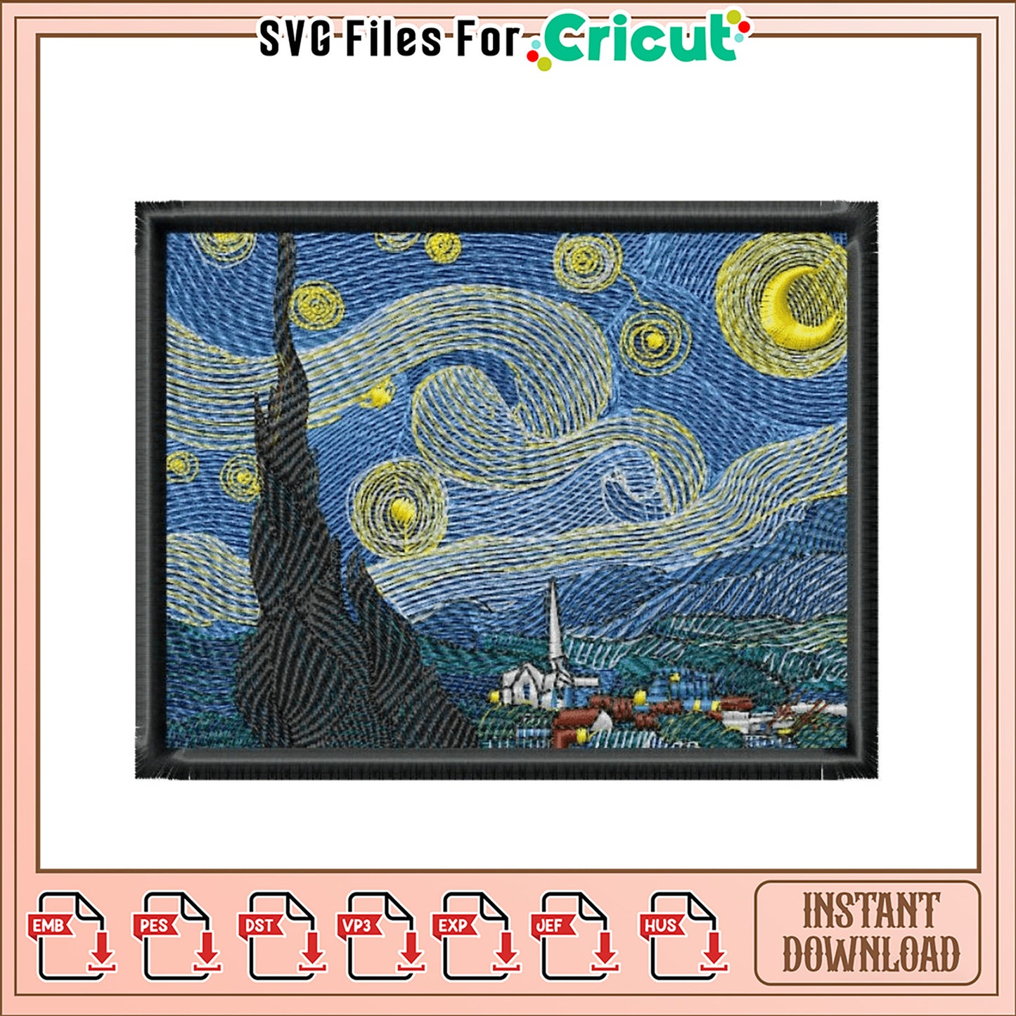 Starry Night Embroidery Design Instant Download