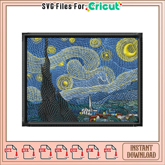 Starry Night Embroidery Design Instant Download