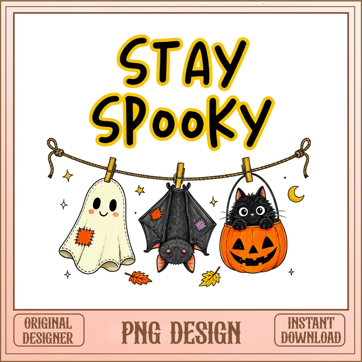 Stay Spooky Halloween PNG, Ghost Bat Black Cat PNG, Spooky Season PNG