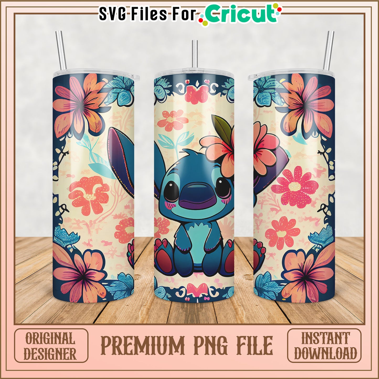 Stitch Floral Tumbler PNG Sublimation