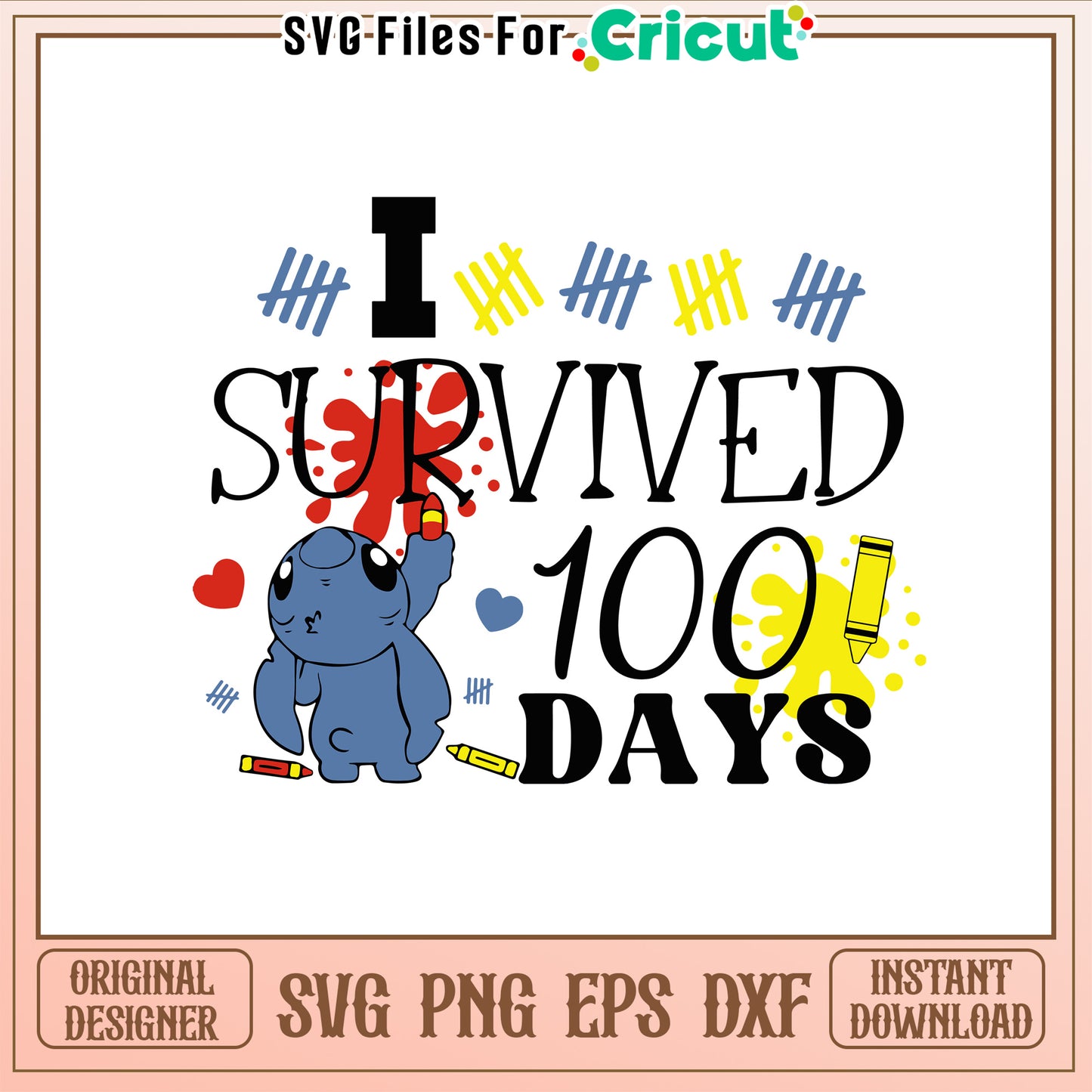 Stitch I survived 100 days svg, stitch drawing​ svg, 