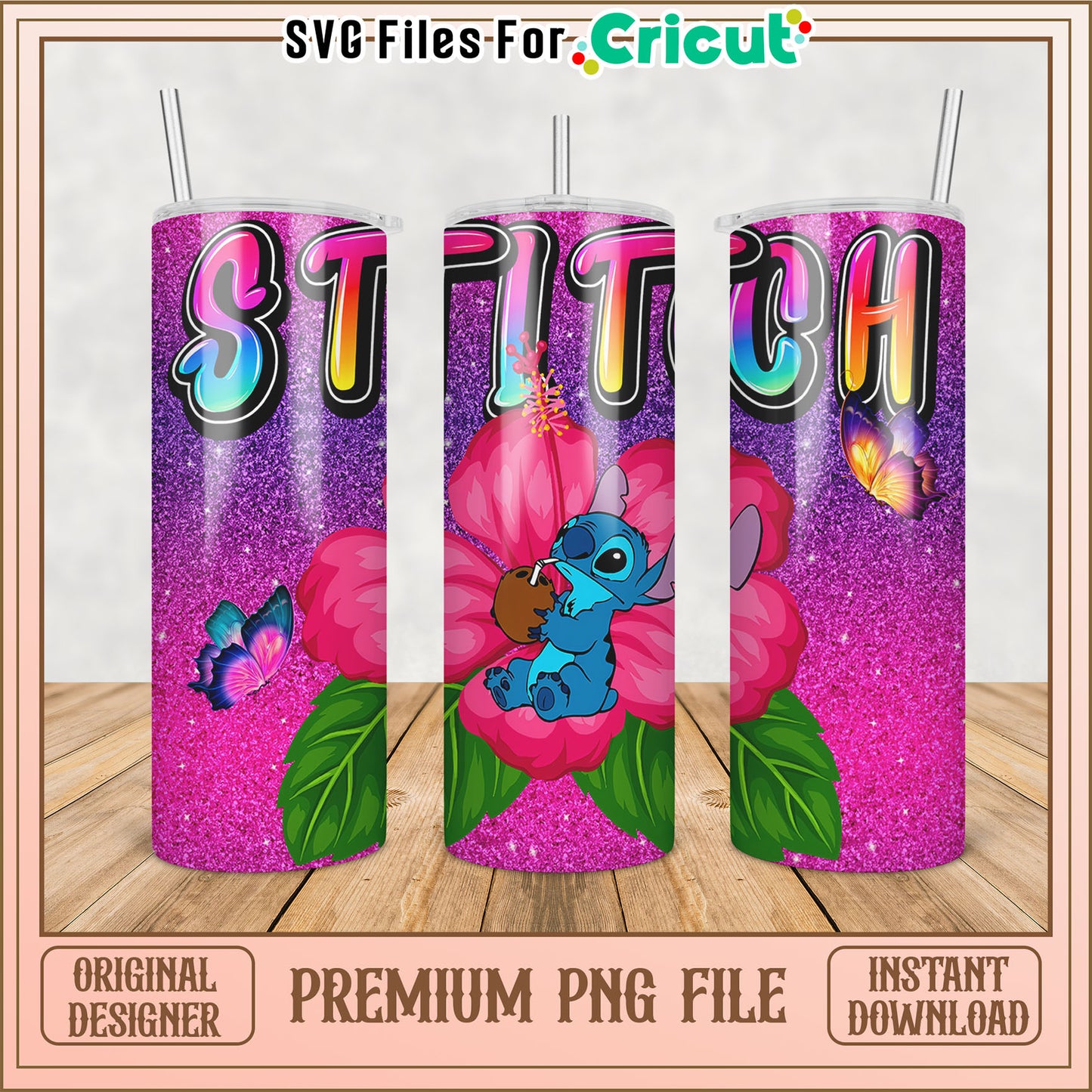 Stitch Tumbler PNG Design with Glitter Floral Theme