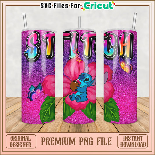 Stitch Tumbler PNG Design with Glitter Floral Theme