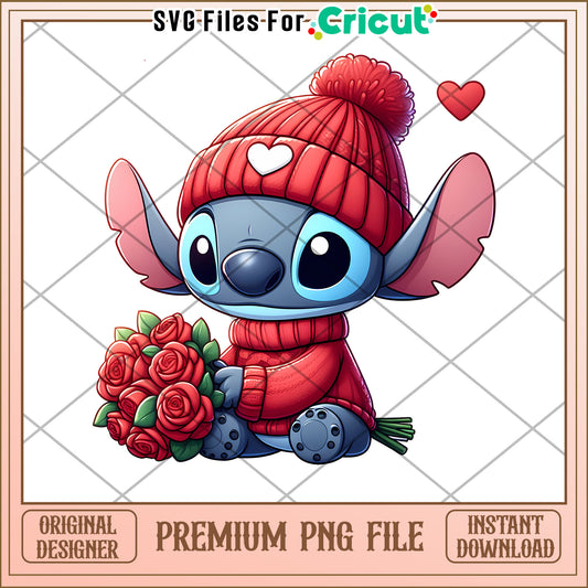 Stitch Valentines PNG Cute Roses & Hat