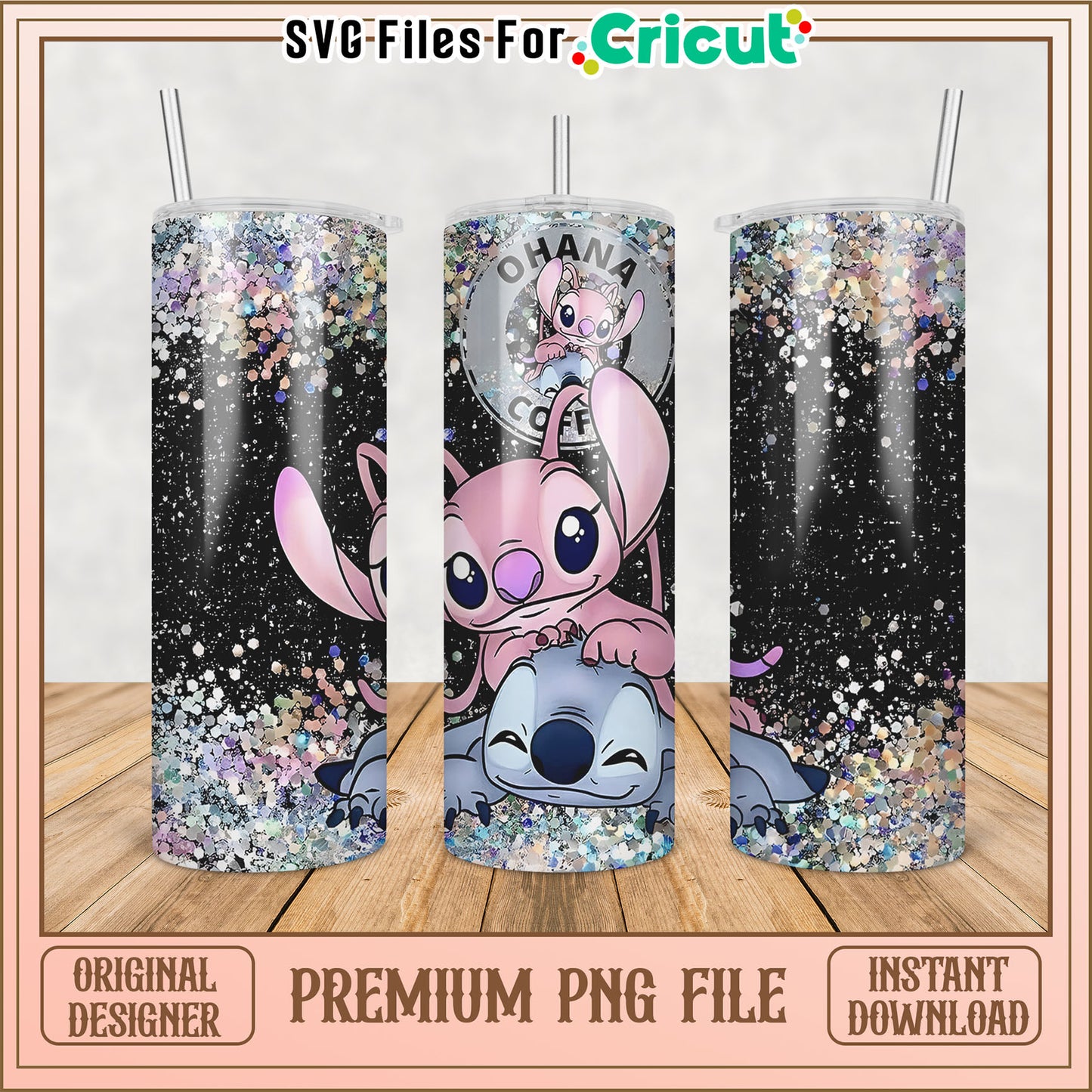 Stitch & Angel Glitter Tumbler PNG