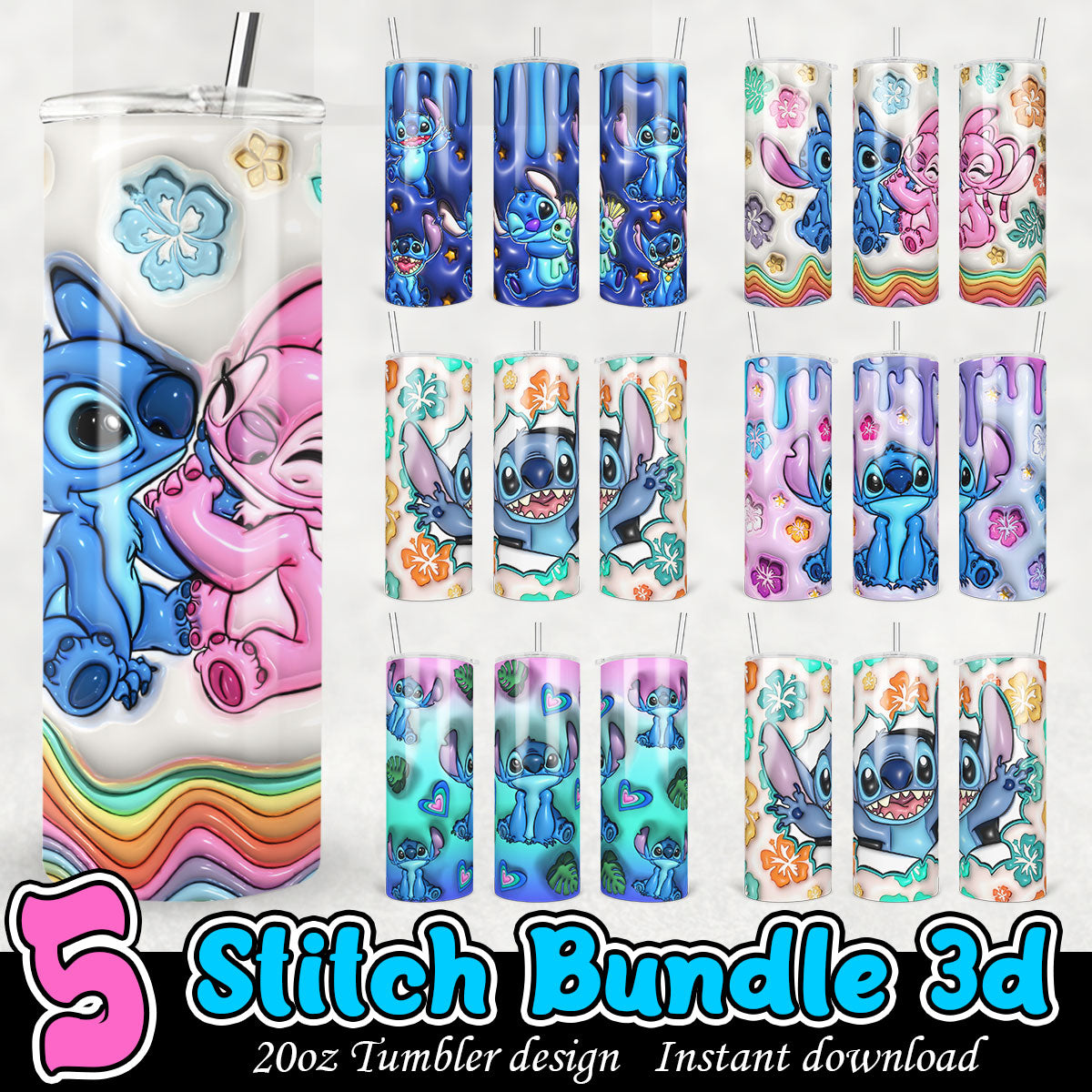 Stitch couple 3D tumbler bundle, Disney cartoon 3D tumbler 20oz