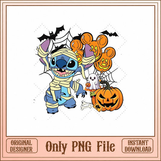 Stitch Halloween PNG, Mummy Stitch Disney, Spooky Pumpkin PNG