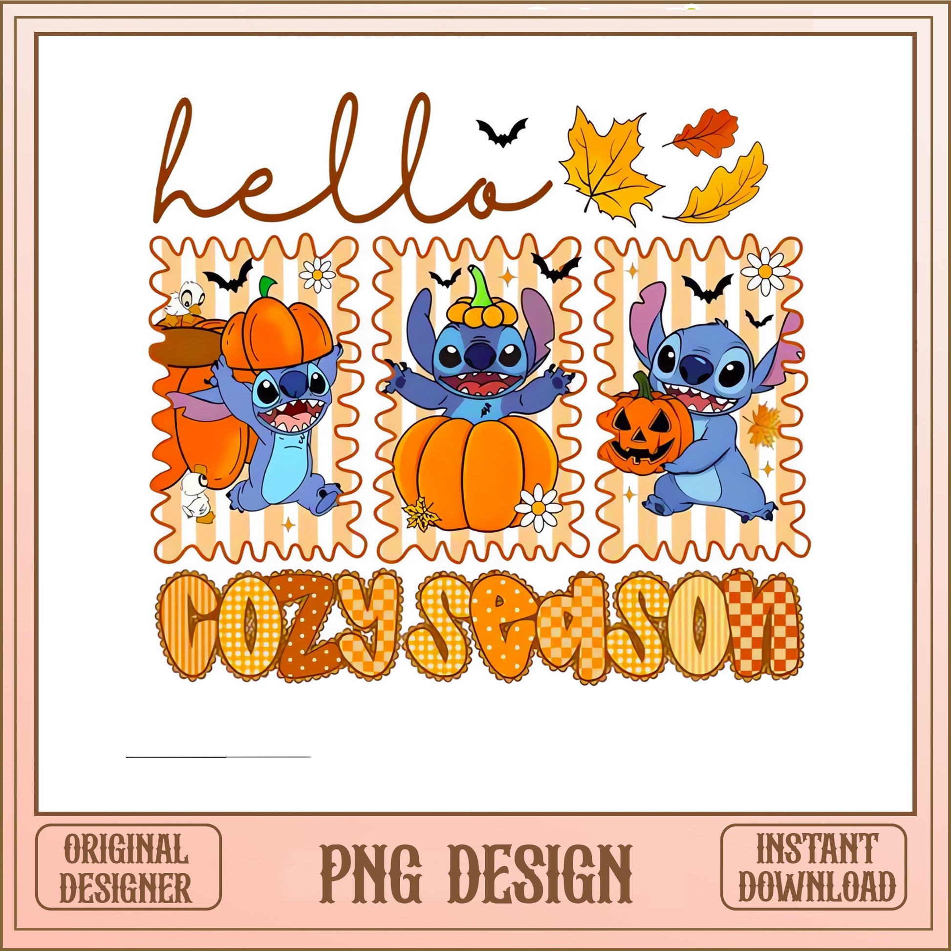 Stitch Hello Cozy Season PNG, Fall Halloween PNG, Pumpkin PNG