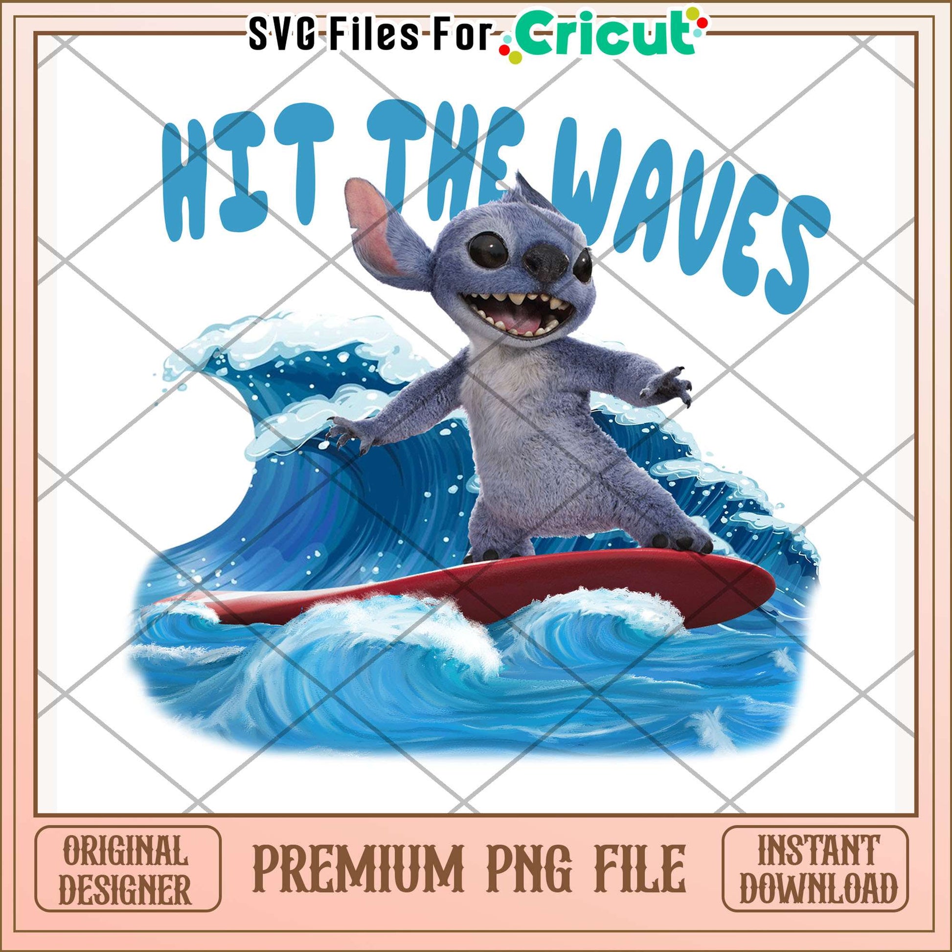 Stitch hit the waves png, surfing cartoon png, disney character png