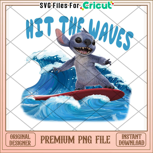 Stitch hit the waves png, surfing cartoon png, disney character png
