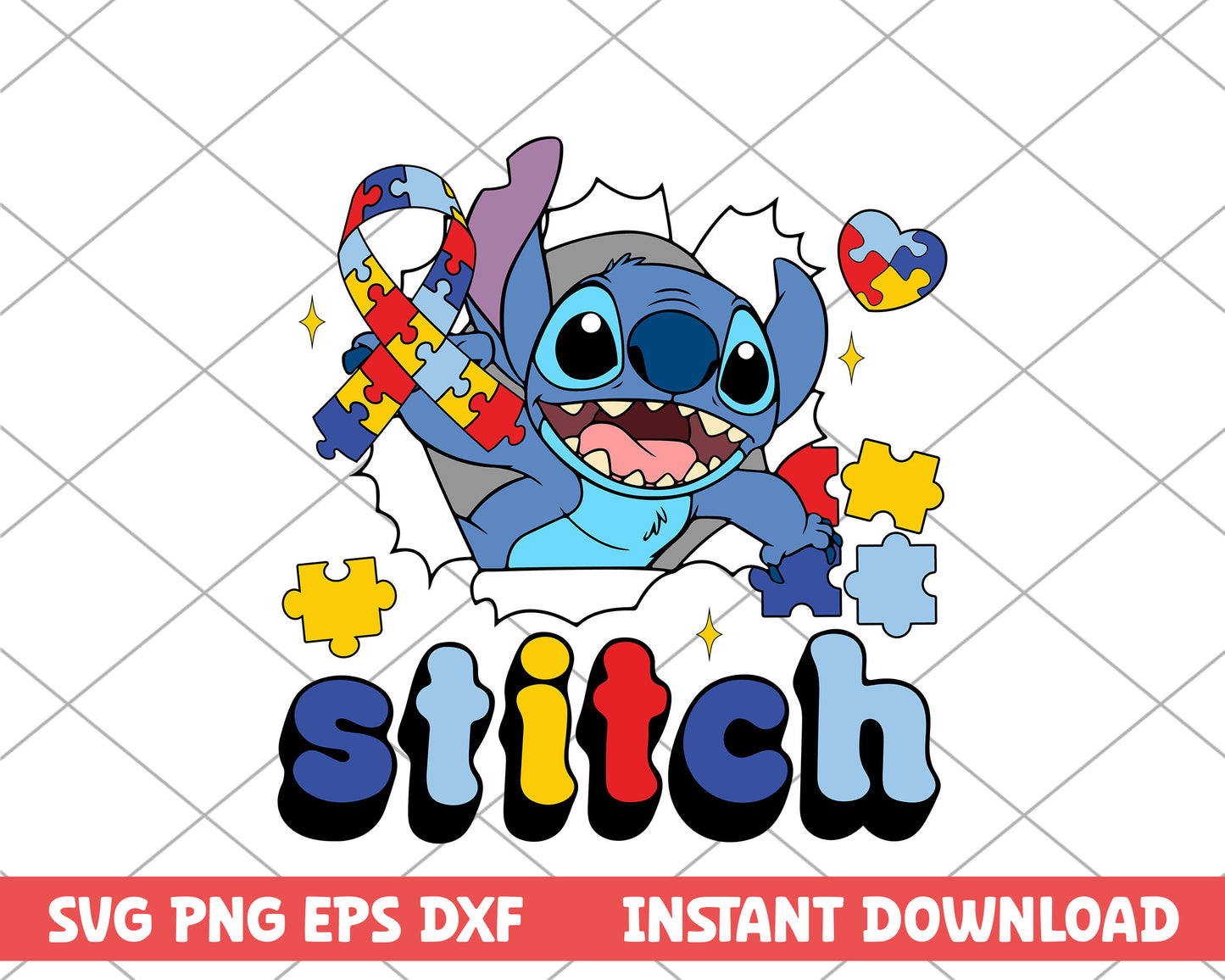 Stitch ribbon awareness autism svg 