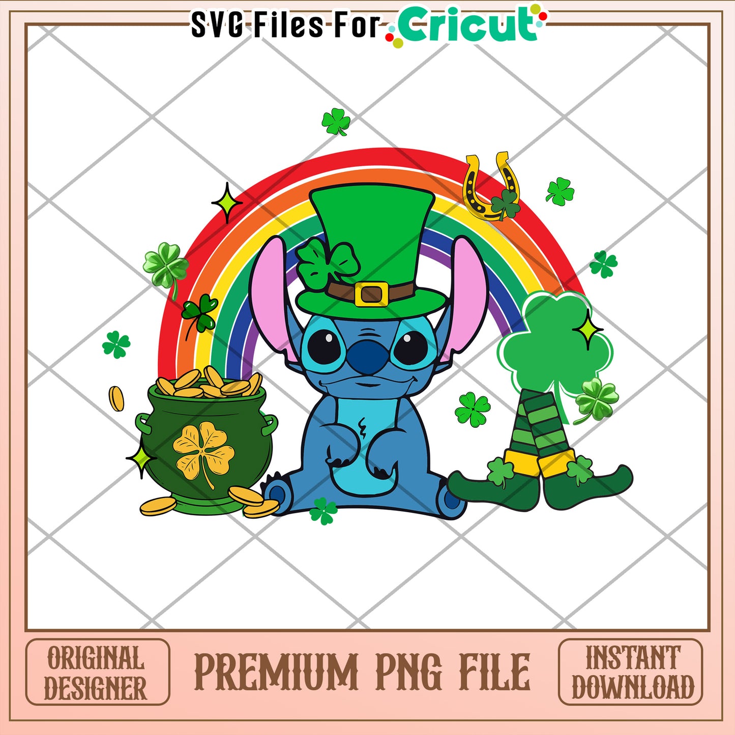 Stitch with Rainbow and Pot of Gold PNG for Cricut