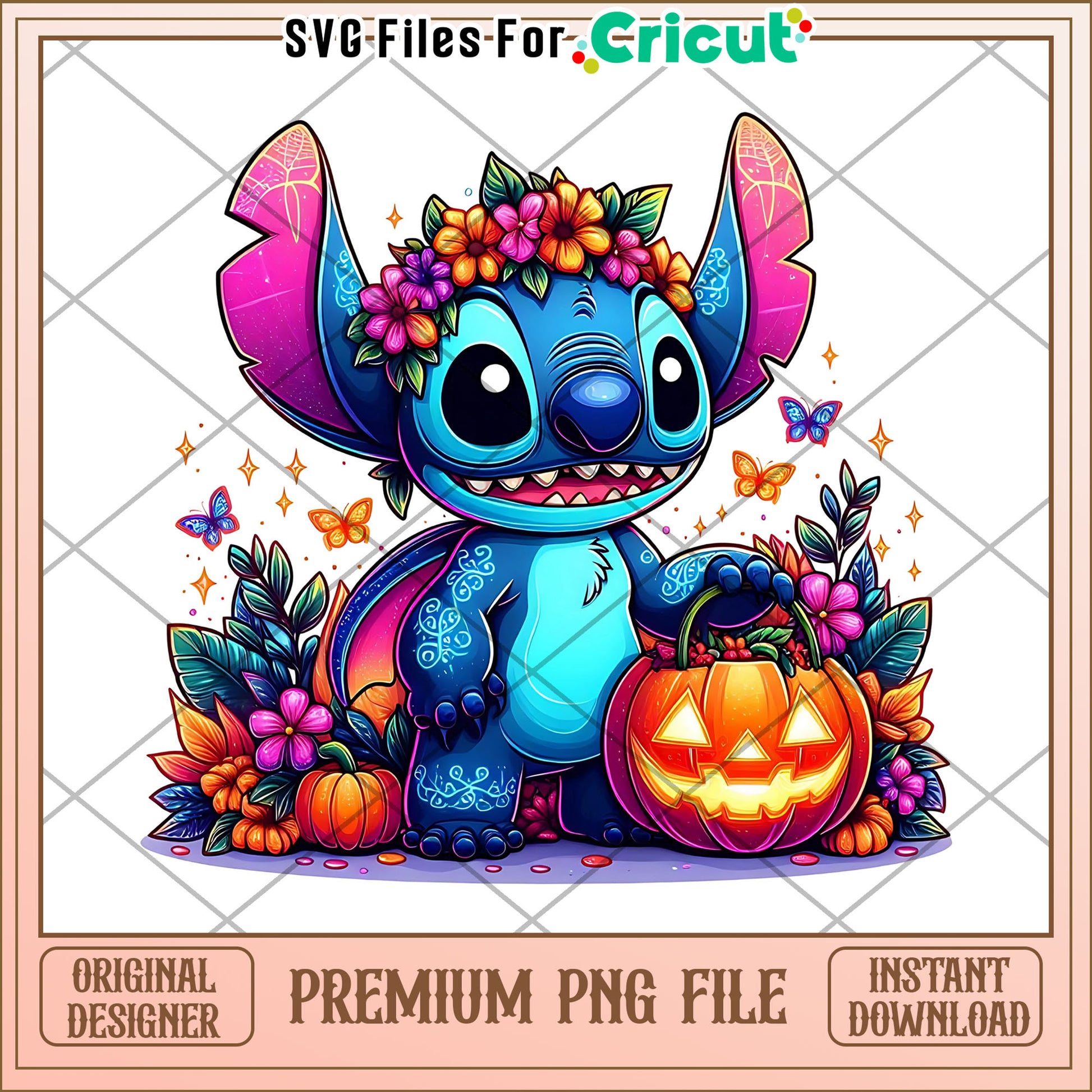 Stitch with flowers png, halloween for kids png, stitch cartoon png