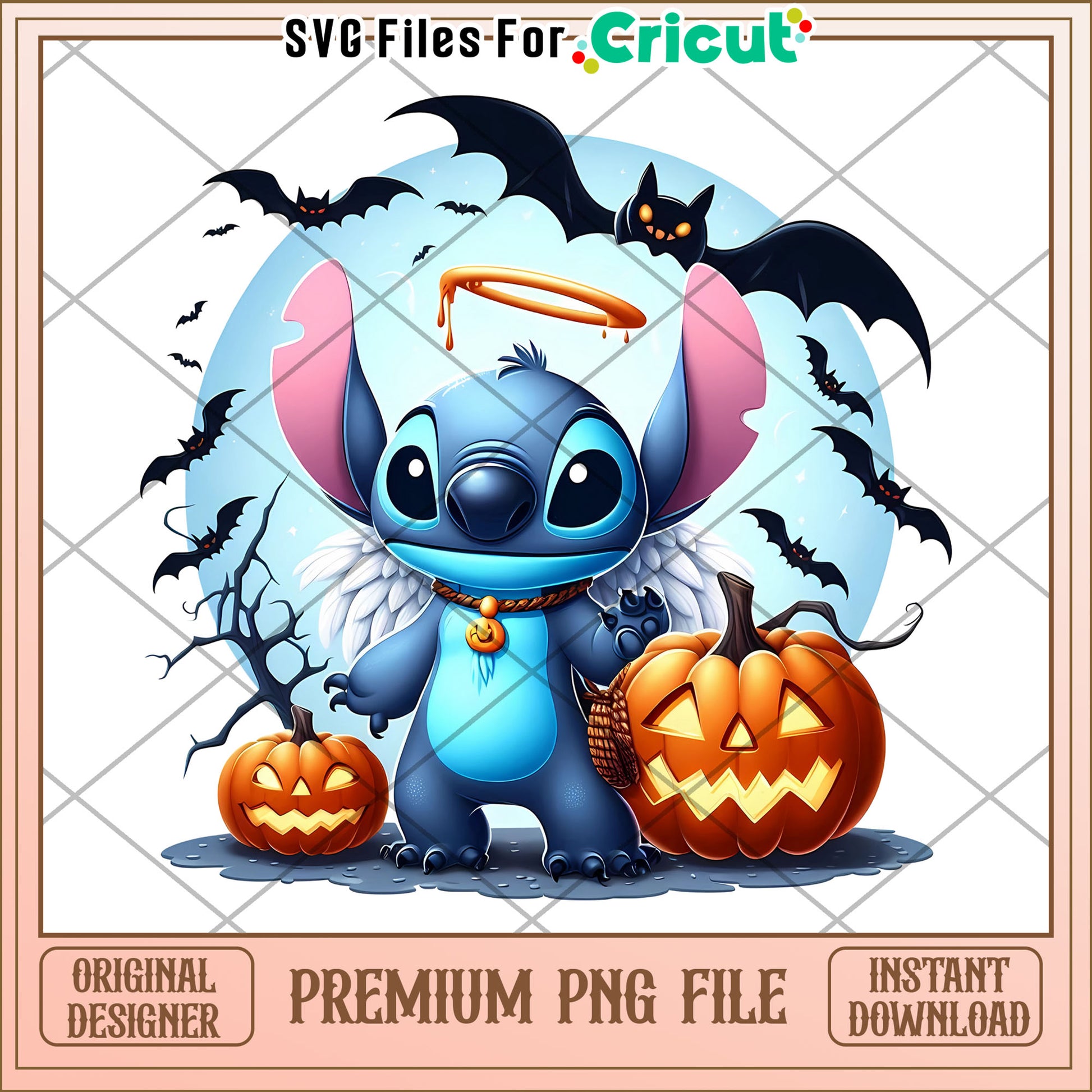Stitch with pumpkin png, spirit halloween png, funny stitch png