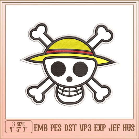 Straw Hat Skull Embroidery Design