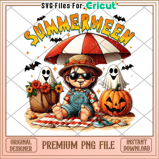 Summerween chucky png, happy halloween​ png, spooky quotes png