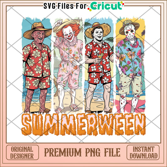 Summerween horror movie characters png, happy halloween​ png, spooky quotes png